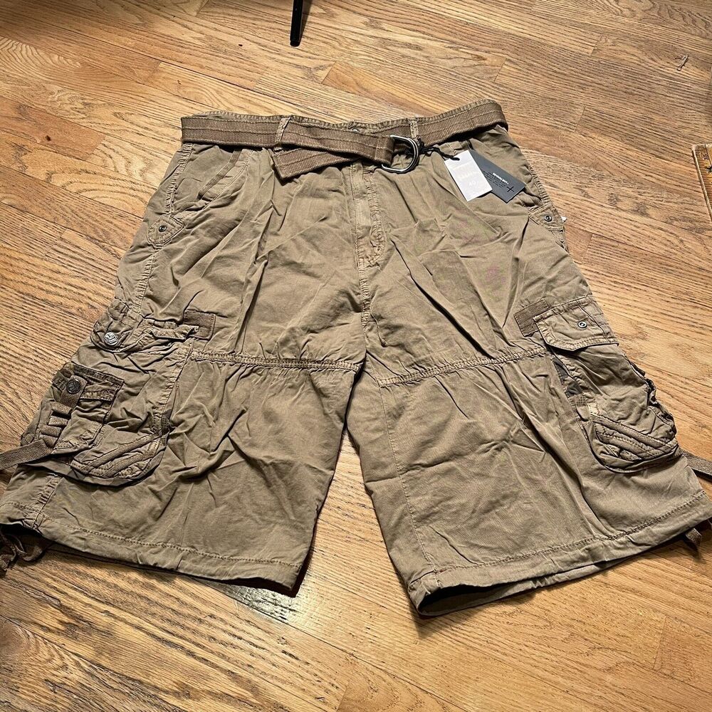 PJ Mark Sz 40 Men's Lightweight Dark Khaki Wide Leg Cargo Shorts with Belt  Y2K